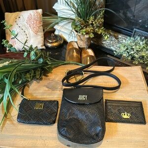 Juicy Couture Crossbody Purse, Card Case & Coin Pouch. Black w/ Gold Accents.